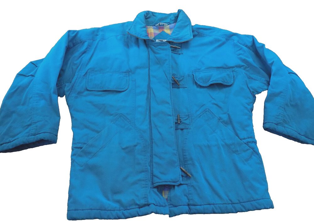 Vtg British Mist Puffer Coat Teal Ski Jacket Womens Plaid Lining sz S Toggle Zip